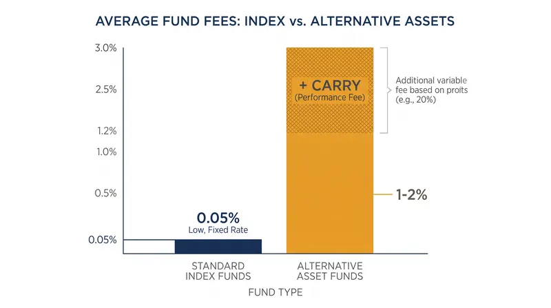 Alternative assets typically carry significantly higher management fees than standard public index funds.