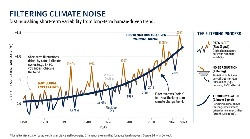 By mathematically removing the effects of natural climate cycles, researchers can isolate the underlying human-driven warming trend.