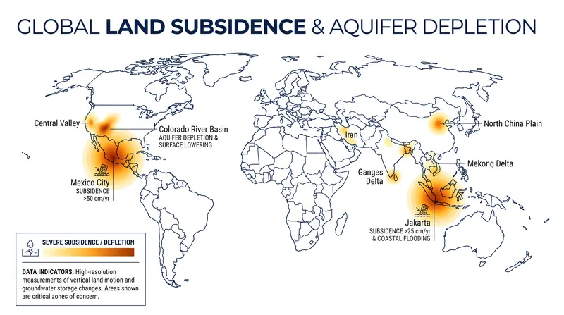 Global hotspots of land subsidence and aquifer depletion indicate areas where water bankruptcy is already a physical reality.