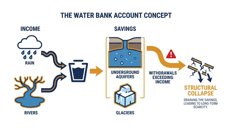 The 'Water Bank Account' framework illustrates how human extraction has systematically drained the planet's hydrological savings.