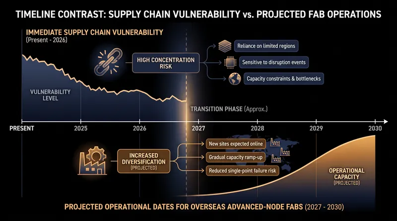 The timeline mismatch between current vulnerabilities and future fab operational dates.
