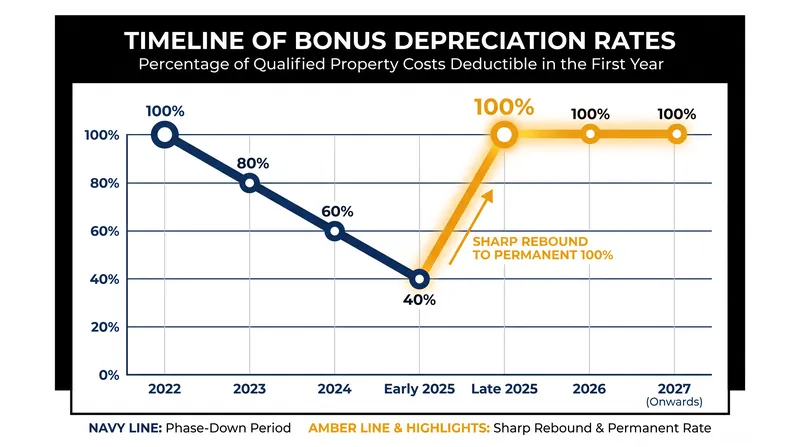 The OBBBA eliminated the TCJA phase-down, restoring 100% bonus depreciation permanently.