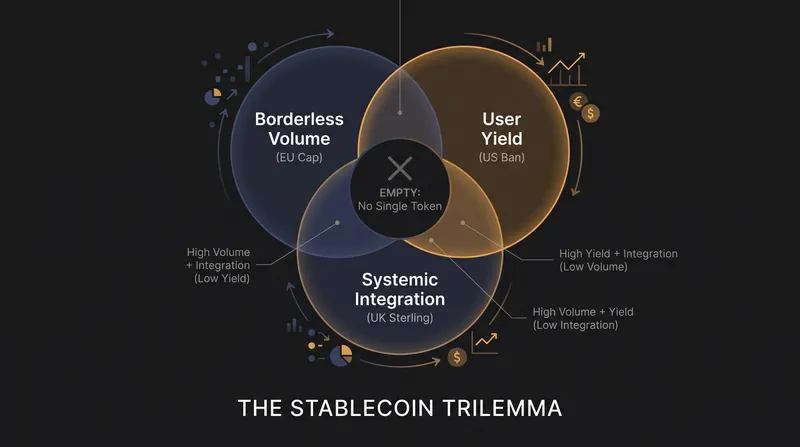 The Stablecoin Trilemma: Regulatory fragmentation forces issuers to choose between volume, yield, and systemic integration.