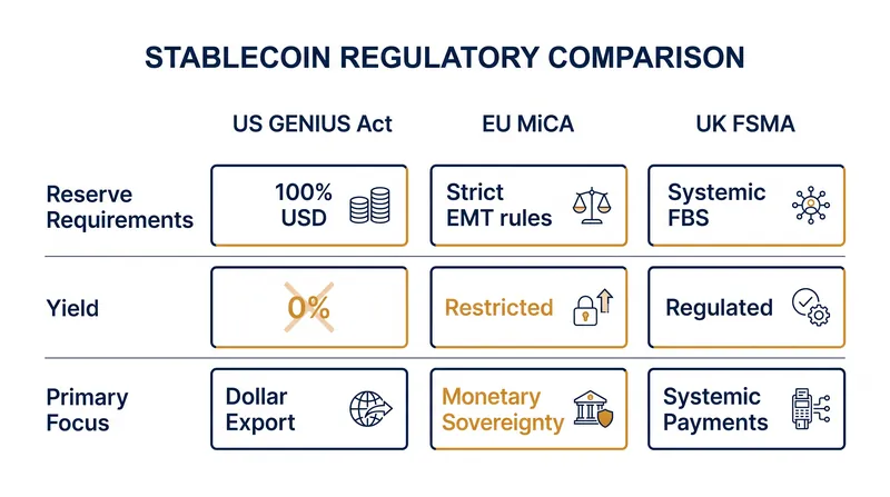 How the US, EU, and UK diverge on stablecoin reserve and operational mandates.