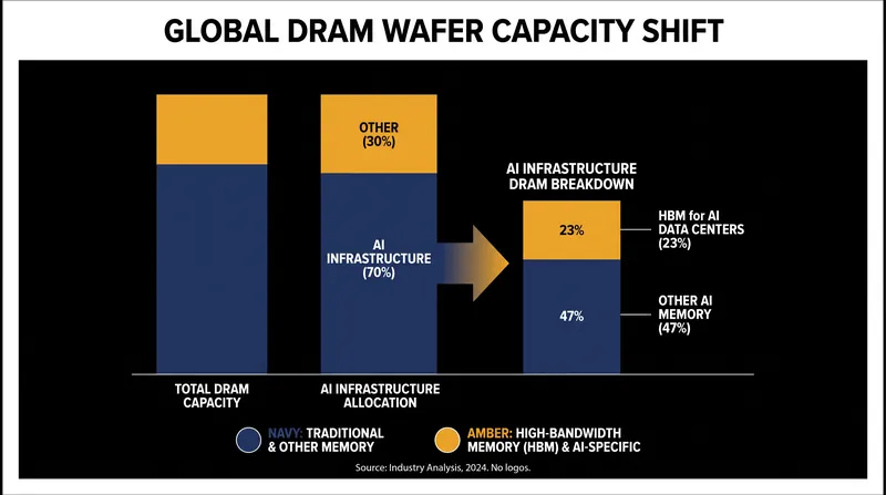 High Bandwidth Memory (HBM) now consumes nearly a quarter of all DRAM wafer capacity.
