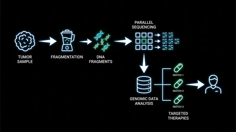 Next-generation sequencing identifies base substitutions, deletions, copy number alterations, and gene fusions.