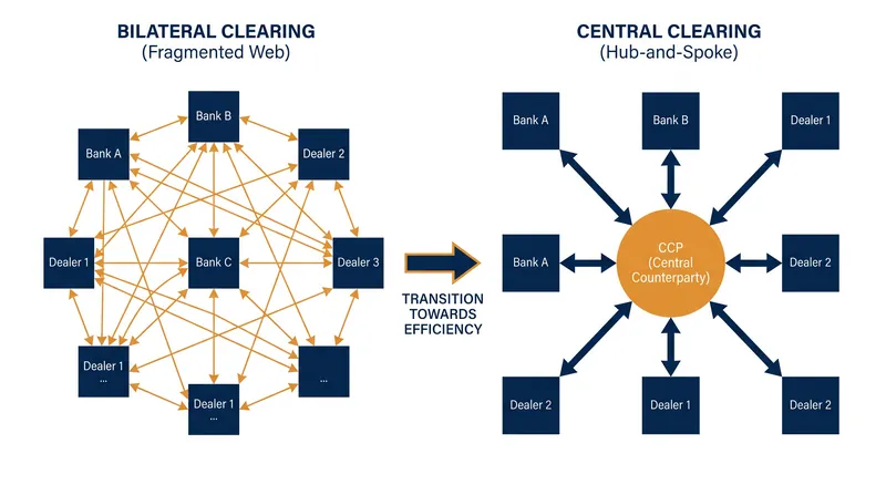 Mechanics of bilateral versus central clearing in the repo market.