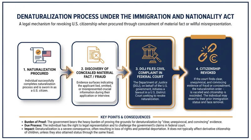 The legal pathway for civil denaturalization requires the DOJ to prove fraud or concealment in federal court.