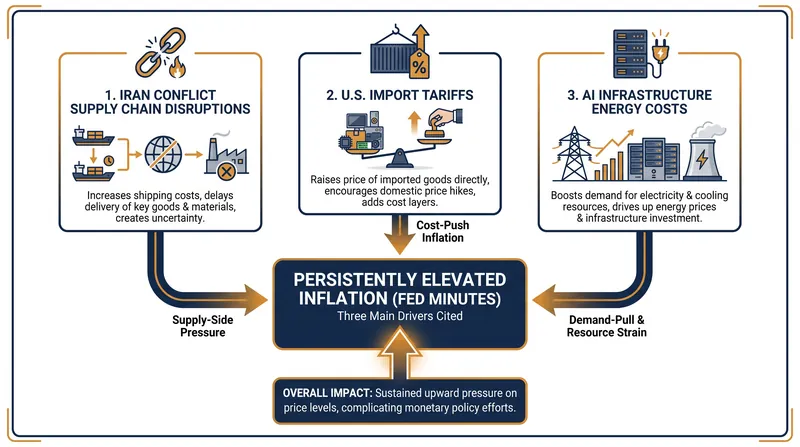 Fed officials identified tariffs, geopolitical conflict, and AI infrastructure spending as key inflationary pressures.
