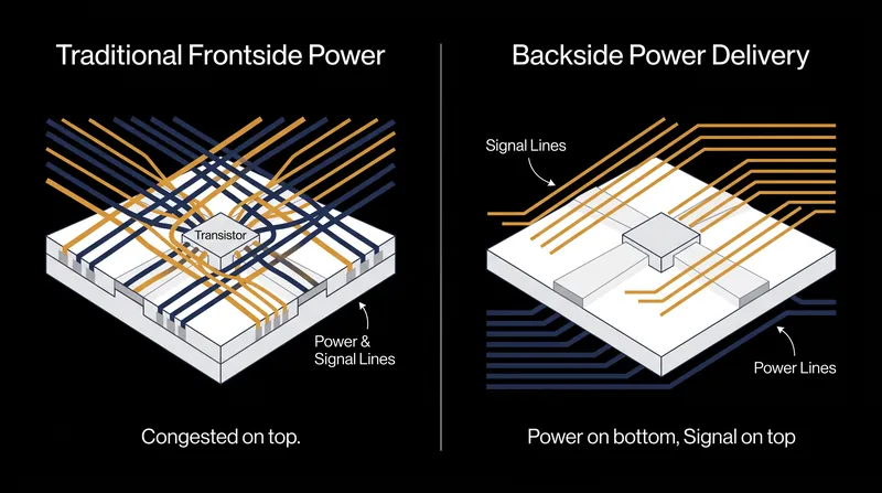 By moving power delivery to the back of the wafer, the A16 architecture frees up critical space for data signals on the front.