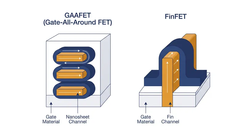 Gate-All-Around (GAAFET) transistors wrap the gate entirely around the conducting channel, preventing electron leakage at atomic scales.