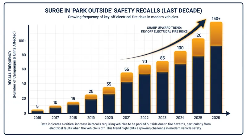 The frequency of 'park outside' mandates has surged as vehicles incorporate more always-on electronics.