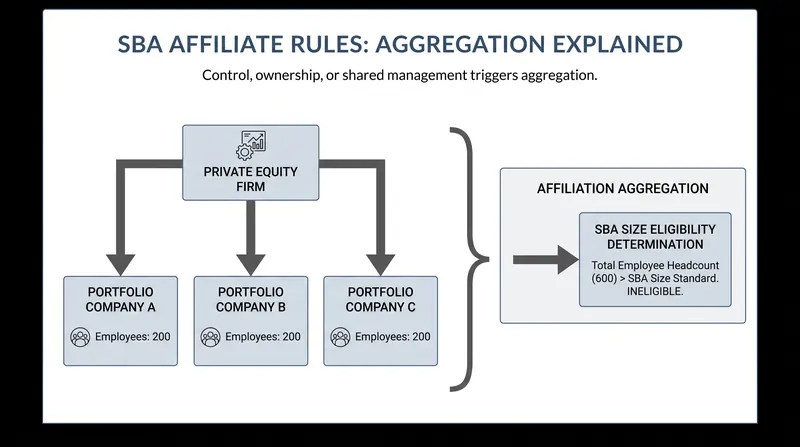 Under SBA affiliation rules, a firm must aggregate the headcount of all commonly controlled entities to determine its size.