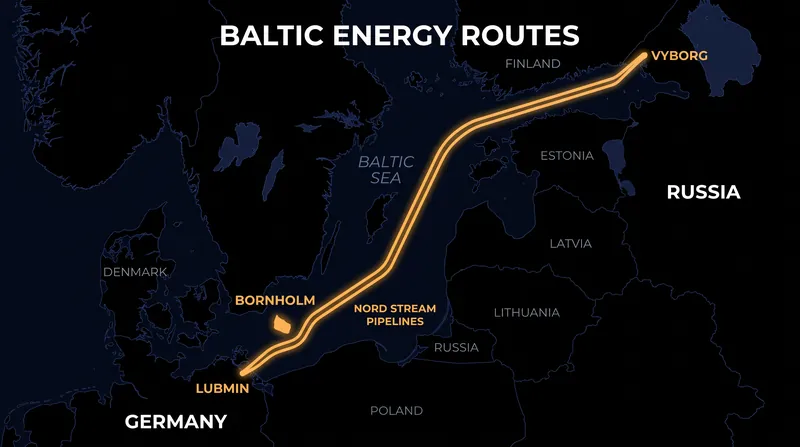 The Nord Stream pipelines run under the Baltic Sea, with the 2022 explosions occurring near the Danish island of Bornholm.