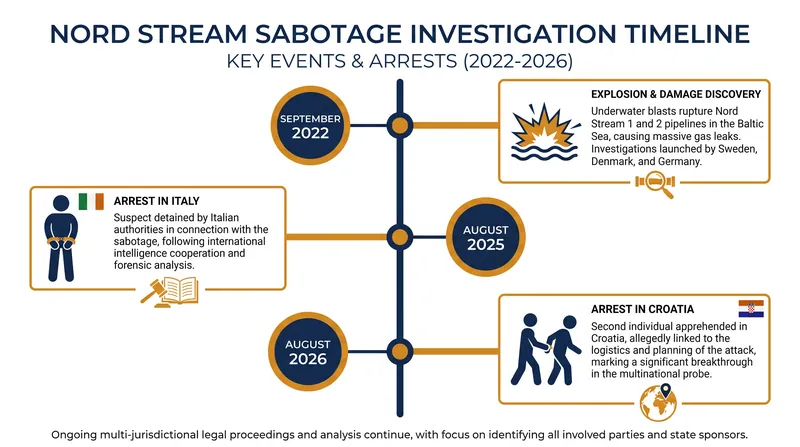Timeline of key arrests in the Nord Stream sabotage investigation.