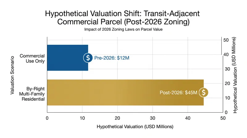 The legal option to build high-density housing fundamentally alters the appraisal value of commercial land.