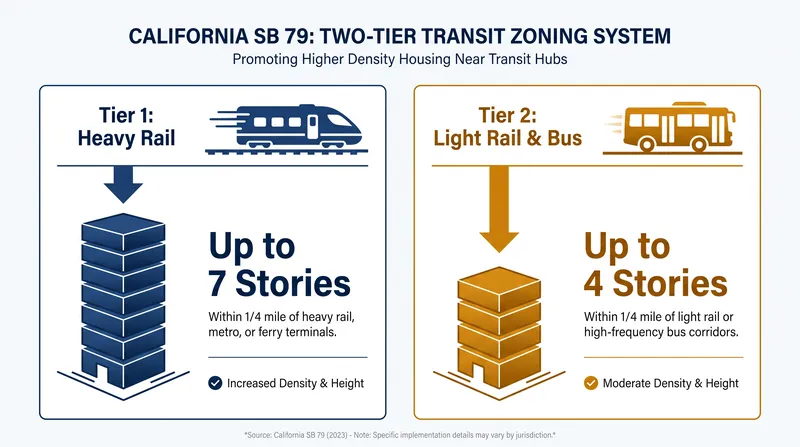 Senate Bill 79 establishes a two-tier density framework based on the frequency and capacity of the adjacent transit stop.