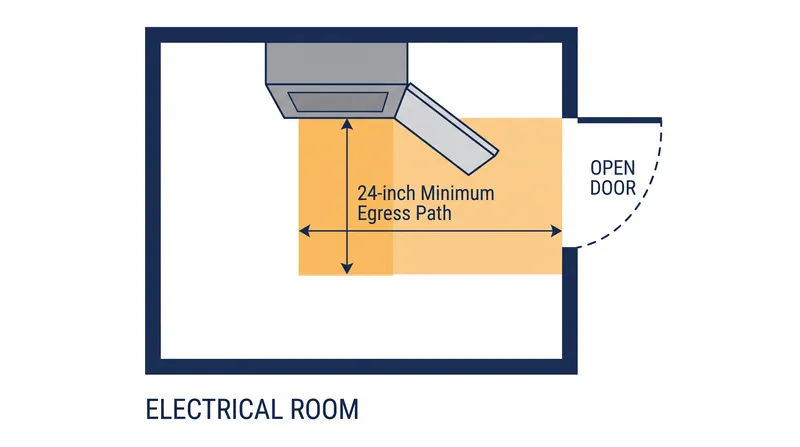 Under the new rules, the required escape route must be measured with the panel doors fully open.