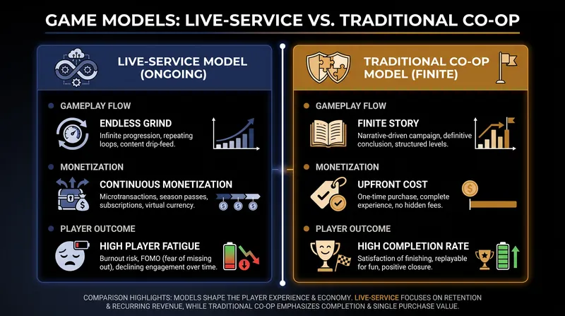 The fundamental structural differences between live-service ecosystems and traditional co-op models.