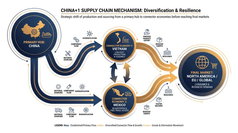 The China-plus-one strategy allows corporations to maintain regional hubs while building redundant supply lines for Western markets.