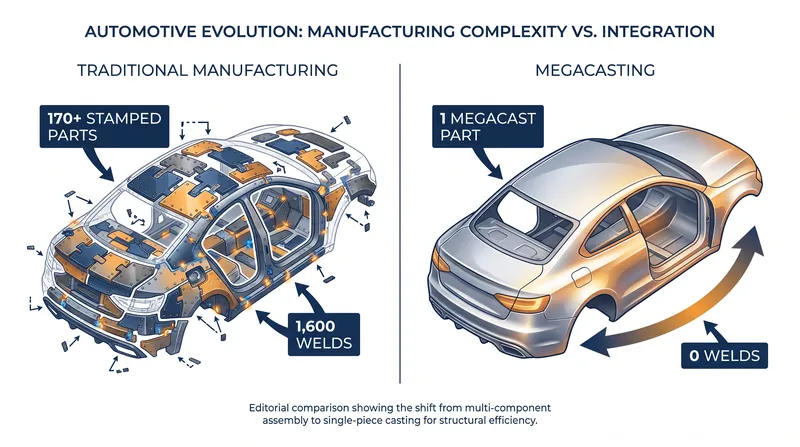 Megacasting replaces hundreds of individual stamped steel components with a single continuous aluminum structure.