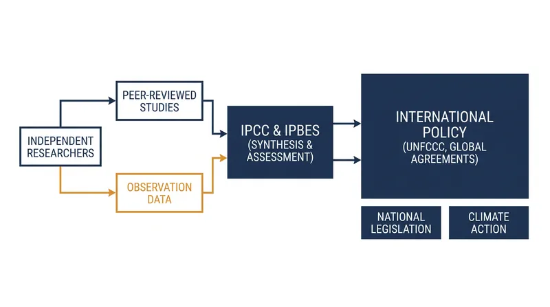 How independent scientific research flows through the IPCC and IPBES to inform global environmental policy.