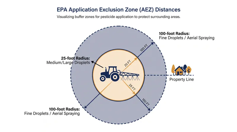 The size of the moving safety buffer depends on the type of application and the size of the pesticide droplets.