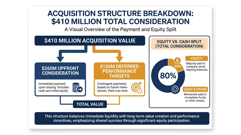 The acquisition is heavily weighted toward equity and performance-based earnouts.