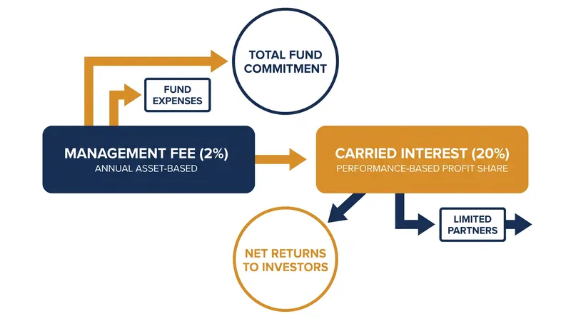Fund managers typically charge a 2% management fee and take 20% of the fund's profits as carried interest.