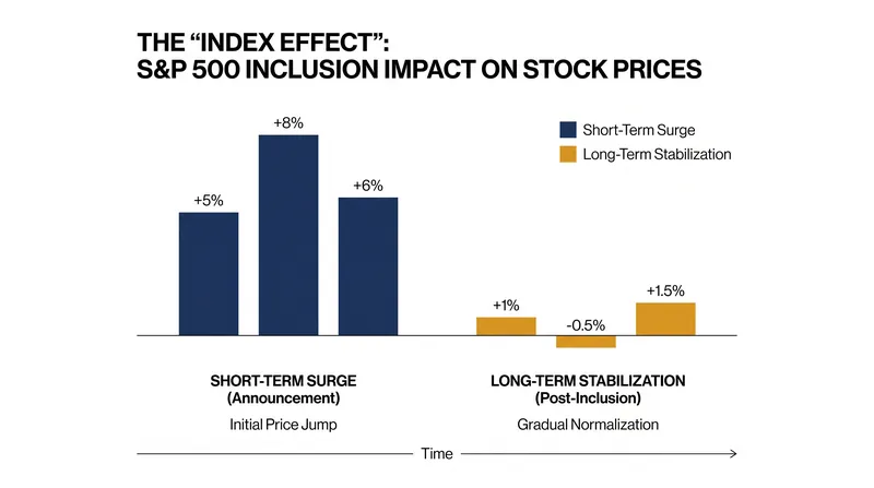 The 'index effect' often causes a temporary spike in share price as passive funds are forced to buy the newly added stock.