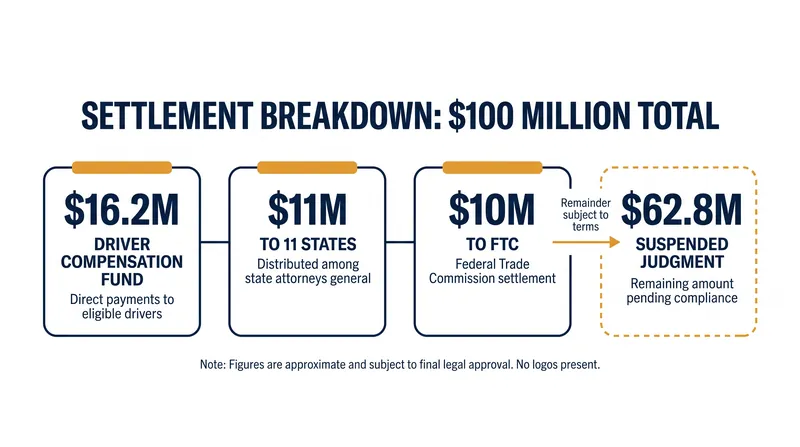 The settlement establishes a dedicated compensation fund for underpaid drivers alongside state and federal penalties.