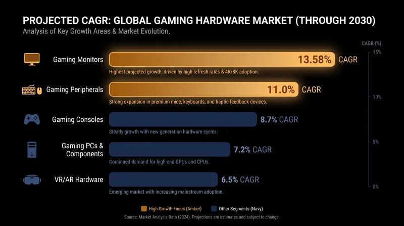 The gaming monitor and peripheral markets are projected to see sustained double-digit growth through the end of the decade.