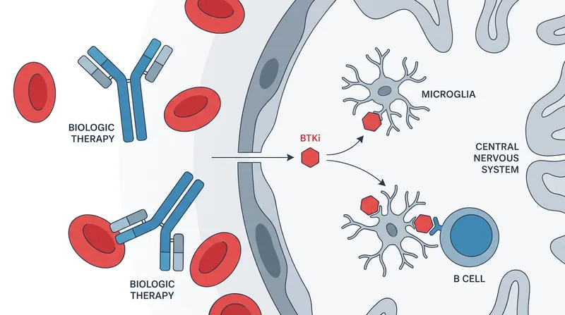 Unlike older biologic therapies, fenebrutinib is a small molecule designed to penetrate the central nervous system.
