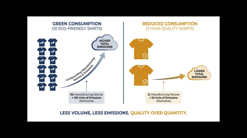 The compounding emissions of manufacturing volume often negate the benefits of eco-friendly materials.