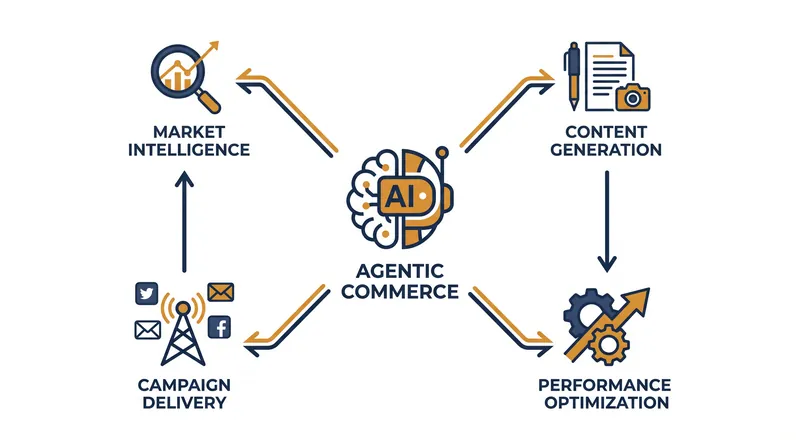 Agentic Commerce relies on specialized AI agents to autonomously execute end-to-end marketing workflows.