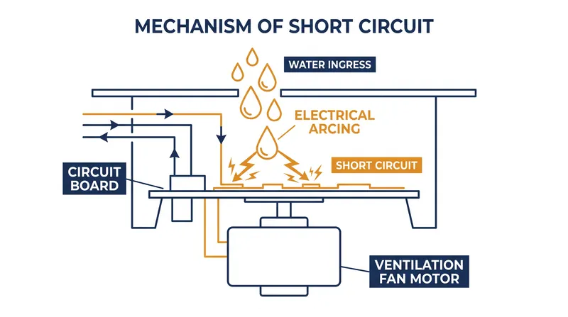 Water contacting the blower assembly's circuit board can cause an electrical short, leading to overheating.
