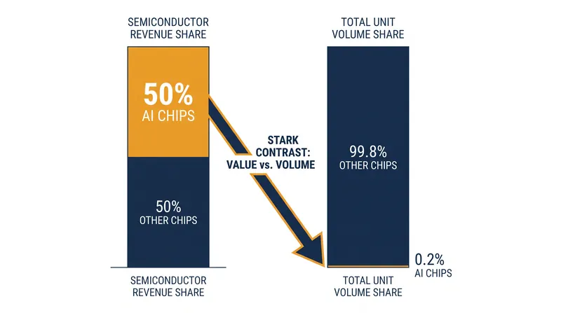 AI accelerators account for a fraction of a percent of physical chip volume, yet drive nearly half of the industry's total revenue.