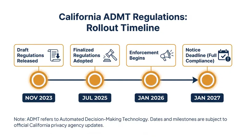The enforcement timeline for California's Automated Decision-Making Technology rules.