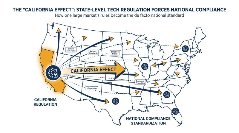 Because geofencing compliance is technically difficult, national companies are adopting California's AI standards universally.