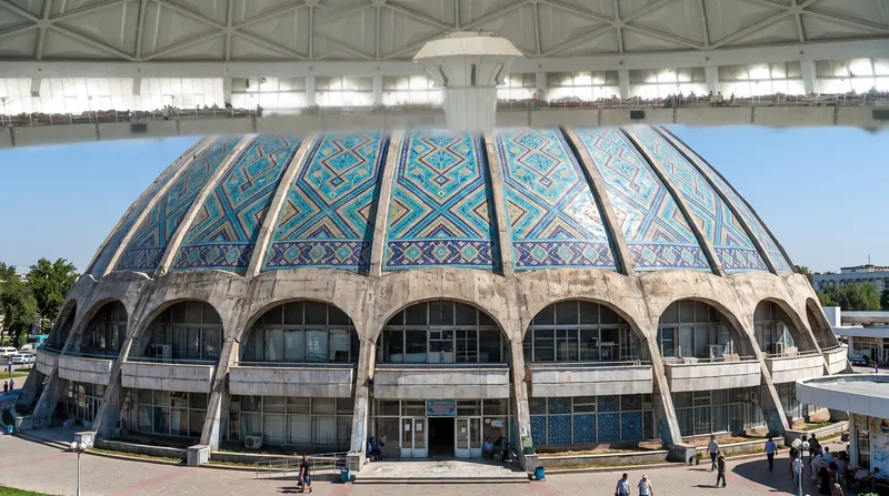 Tashkent's modernist architecture, including the iconic Chorsu Bazaar, blends international brutalism with local Uzbek design.