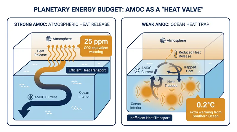 How a weakening AMOC traps heat in the global ocean rather than releasing it into the atmosphere.