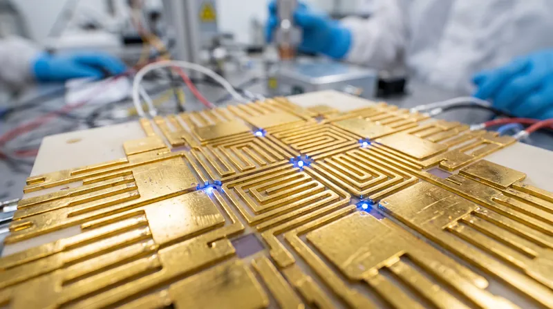 A microscopic view of the electrodes used to route ions in a QCCD architecture.