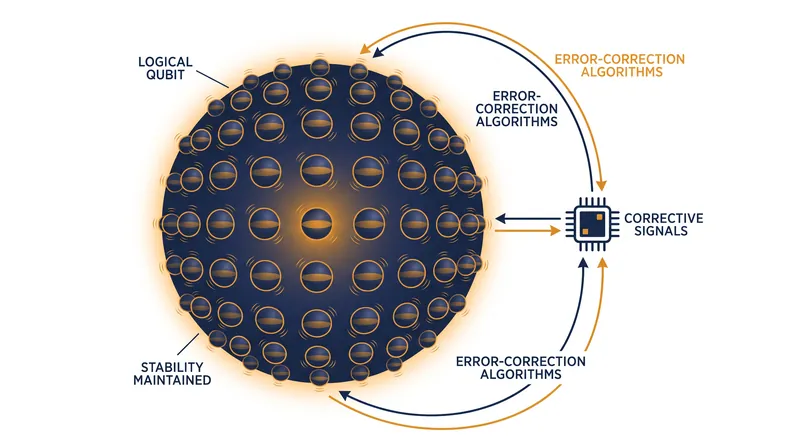 Error correction requires grouping many noisy physical qubits to create one stable logical qubit.