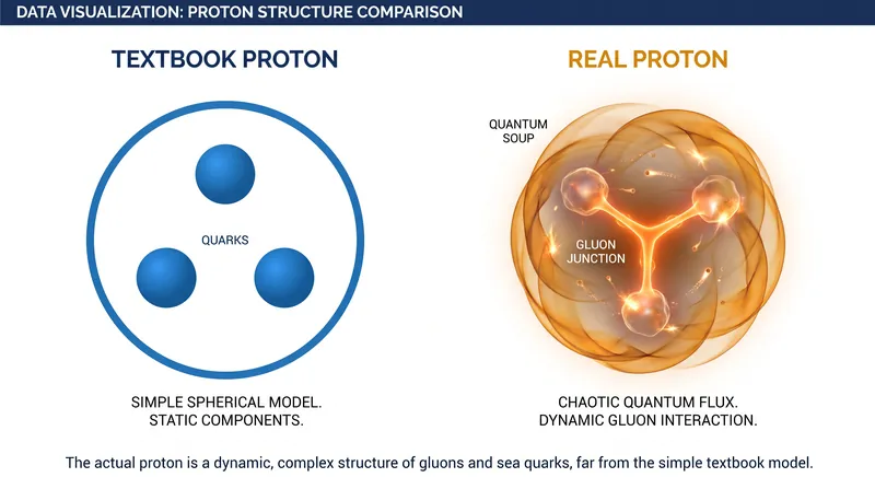 The traditional textbook model of a proton compared to the complex reality of quantum chromodynamics.