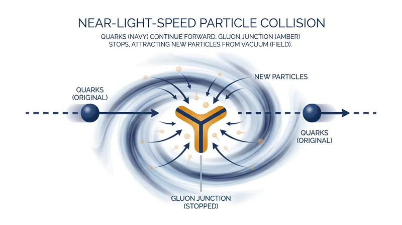 During a high-energy collision, the rapid valence quarks fly forward while the slower gluon junction is stopped, pulling new quarks from the vacuum.