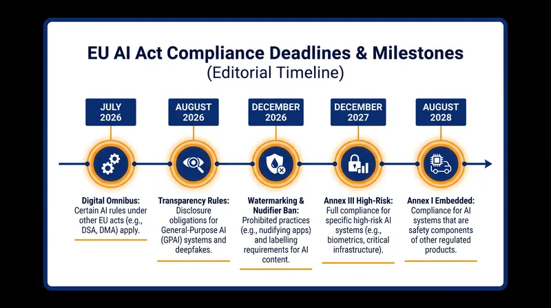 The revised phased implementation timeline for the EU AI Act.