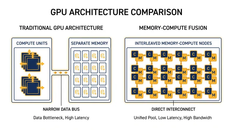 Traditional architectures separate memory and compute, creating a data bottleneck known as the memory wall.