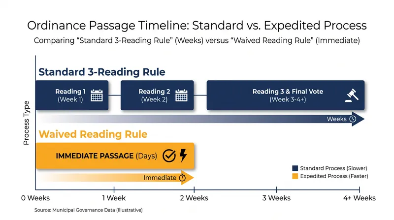Waiving the three-reading rule allows councils to expedite ordinances, while adhering to it can delay ballot placement.