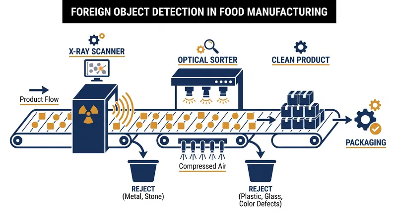 Modern food safety systems use X-ray and optical scanners to detect foreign materials, though clear glass can sometimes evade detection.