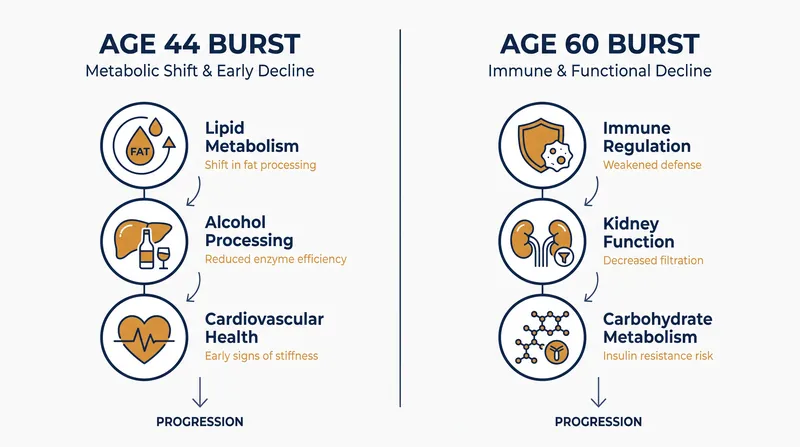 Different biological systems undergo rapid transformation during each aging burst.